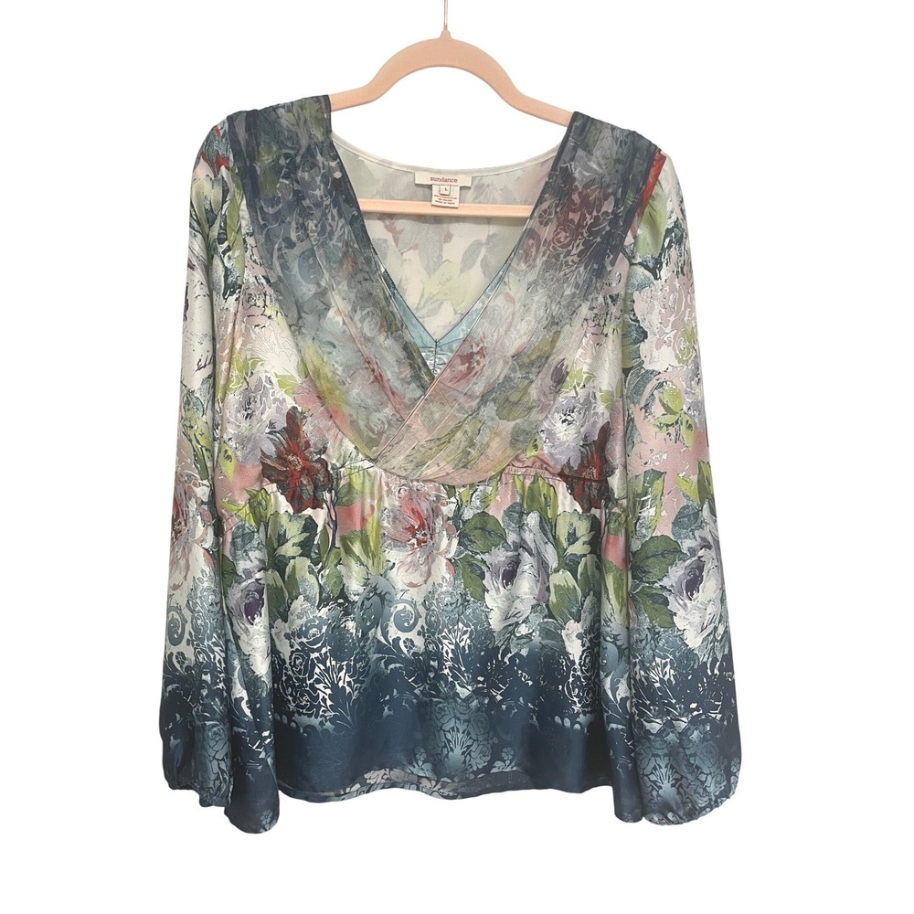 Sundance Blouse Top Large Blue 100% Silk Floral Surplice V-Neck